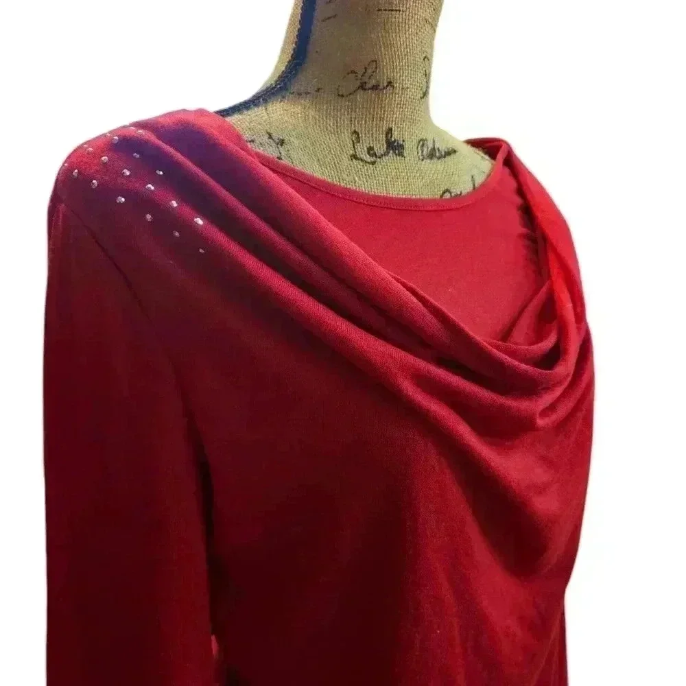 Cato Red Draped Cowl Neck Top With Rhinestones Sz Lg